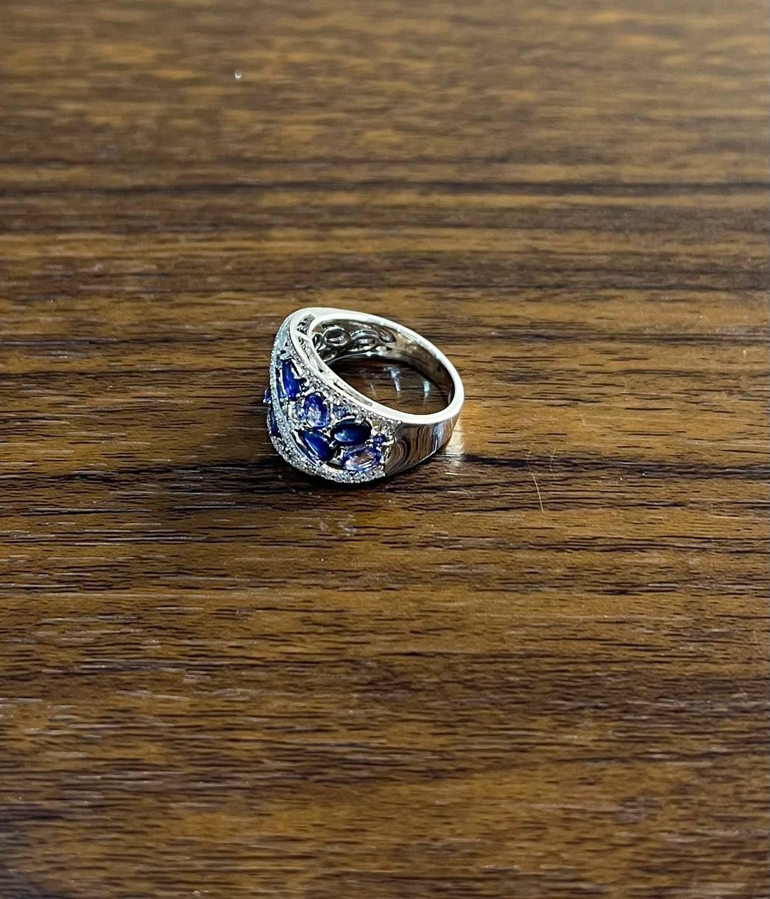Dark Light Hue Blue Sapphire Cluster Diamond Pave 14K White Gold Band Ring