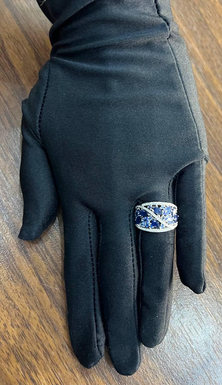 Dark Light Hue Blue Sapphire Cluster Diamond Pave 14K White Gold Band Ring