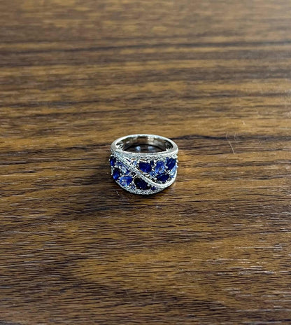 Dark Light Hue Blue Sapphire Cluster Diamond Pave 14K White Gold Band Ring