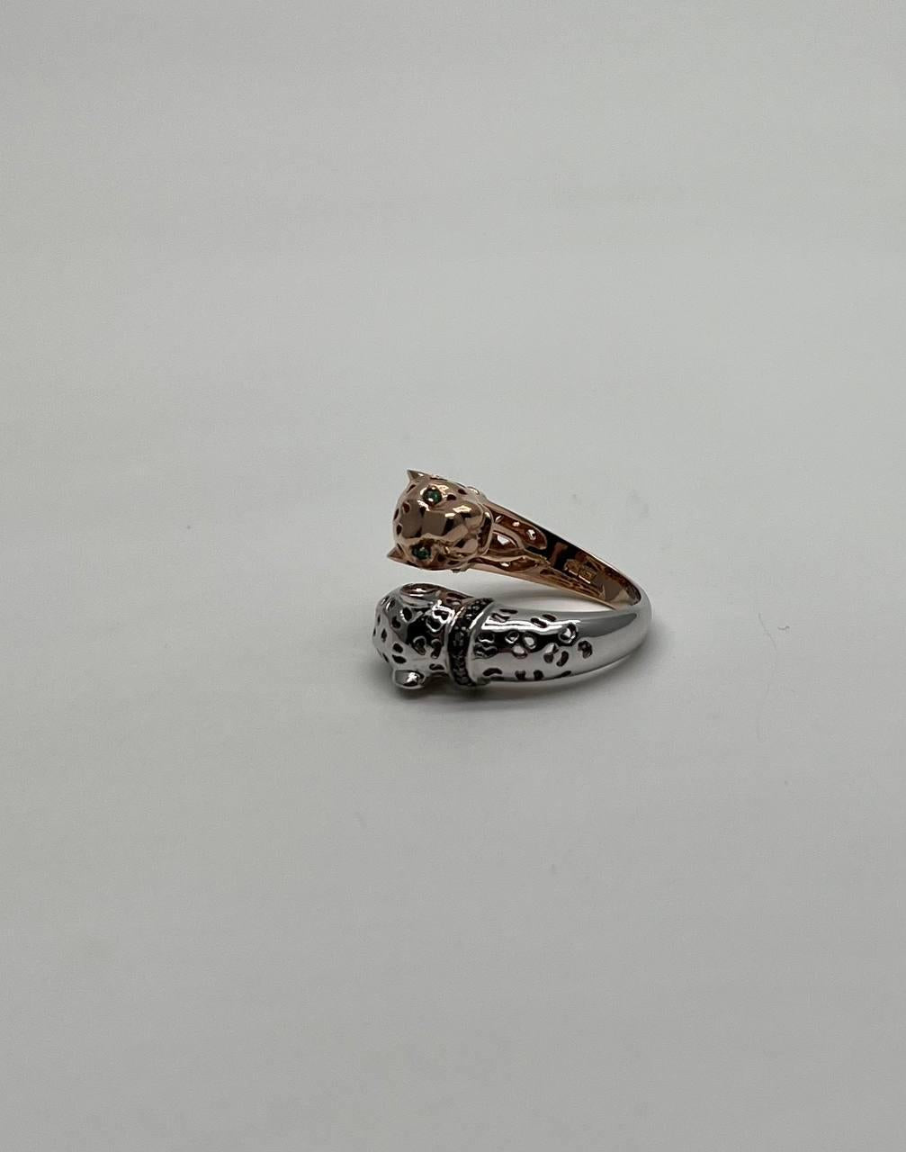 Two Tone Snow Leopard Golden Panther 14K Two Head Rose White Gold Statement Ring