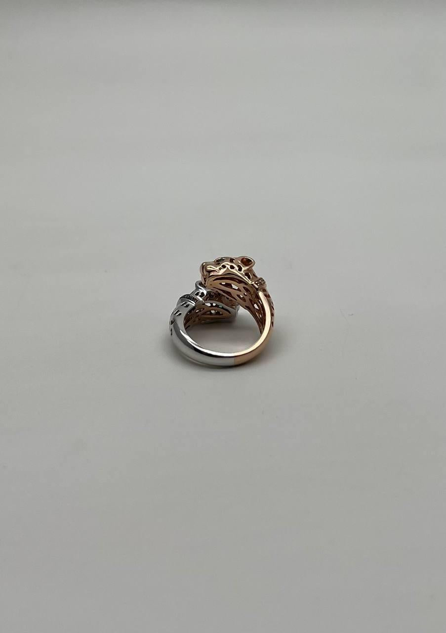 Two Tone Snow Leopard Golden Panther 14K Two Head Rose White Gold Statement Ring