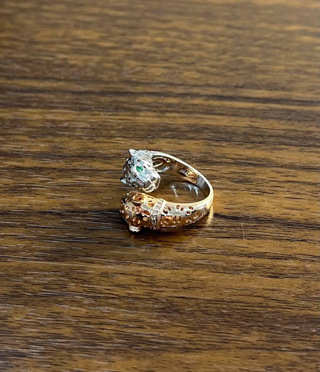 Two Tone Snow Leopard Golden Panther 14K Two Head Rose White Gold Statement Ring