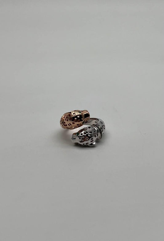 Two Tone Snow Leopard Golden Panther 14K Two Head Rose White Gold Statement Ring