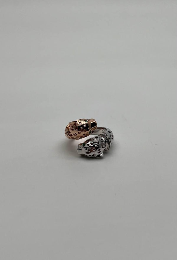 Two Tone Snow Leopard Golden Panther 14K Two Head Rose White Gold Statement Ring