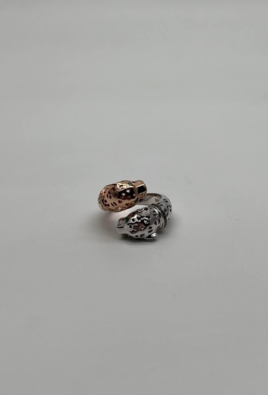 Two Tone Snow Leopard Golden Panther 14K Two Head Rose White Gold Statement Ring
