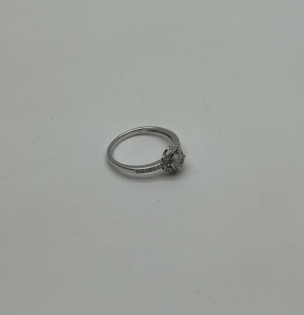 Классикалық нәзік дөңгелек пішінді ақ гауһар тасты Halo Pave 14K ақ алтыннан жасалған уәделі сақина