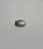 Green Emerald & White Diamonds Pave Set 14K White Gold Statement Unique Ring