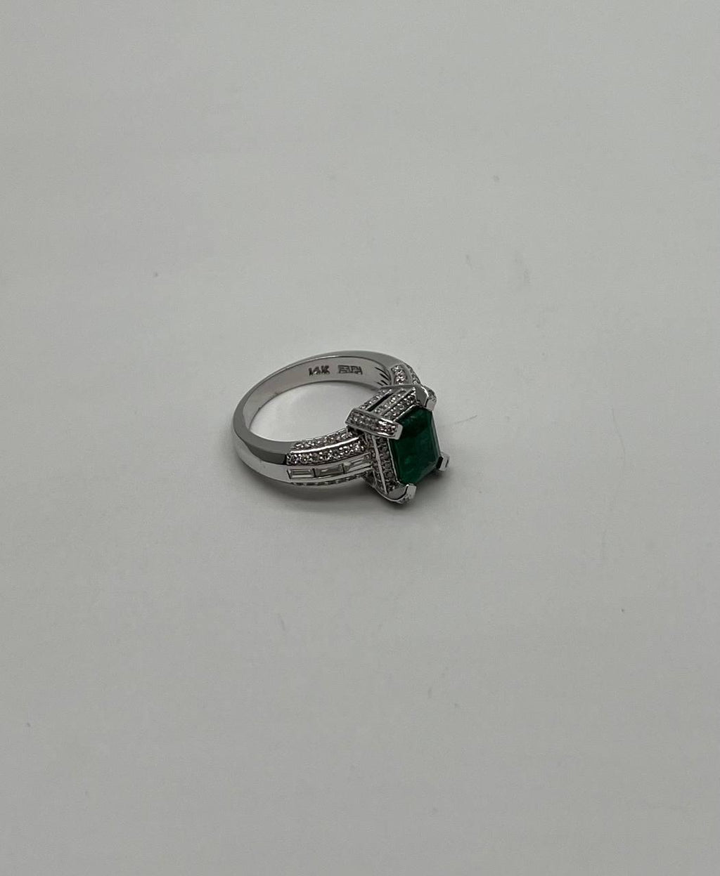 Green Emerald & White Diamonds Pave Set 14K White Gold Statement Unique Ring
