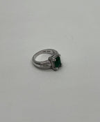 Green Emerald & White Diamonds Pave Set 14K White Gold Statement Unique Ring