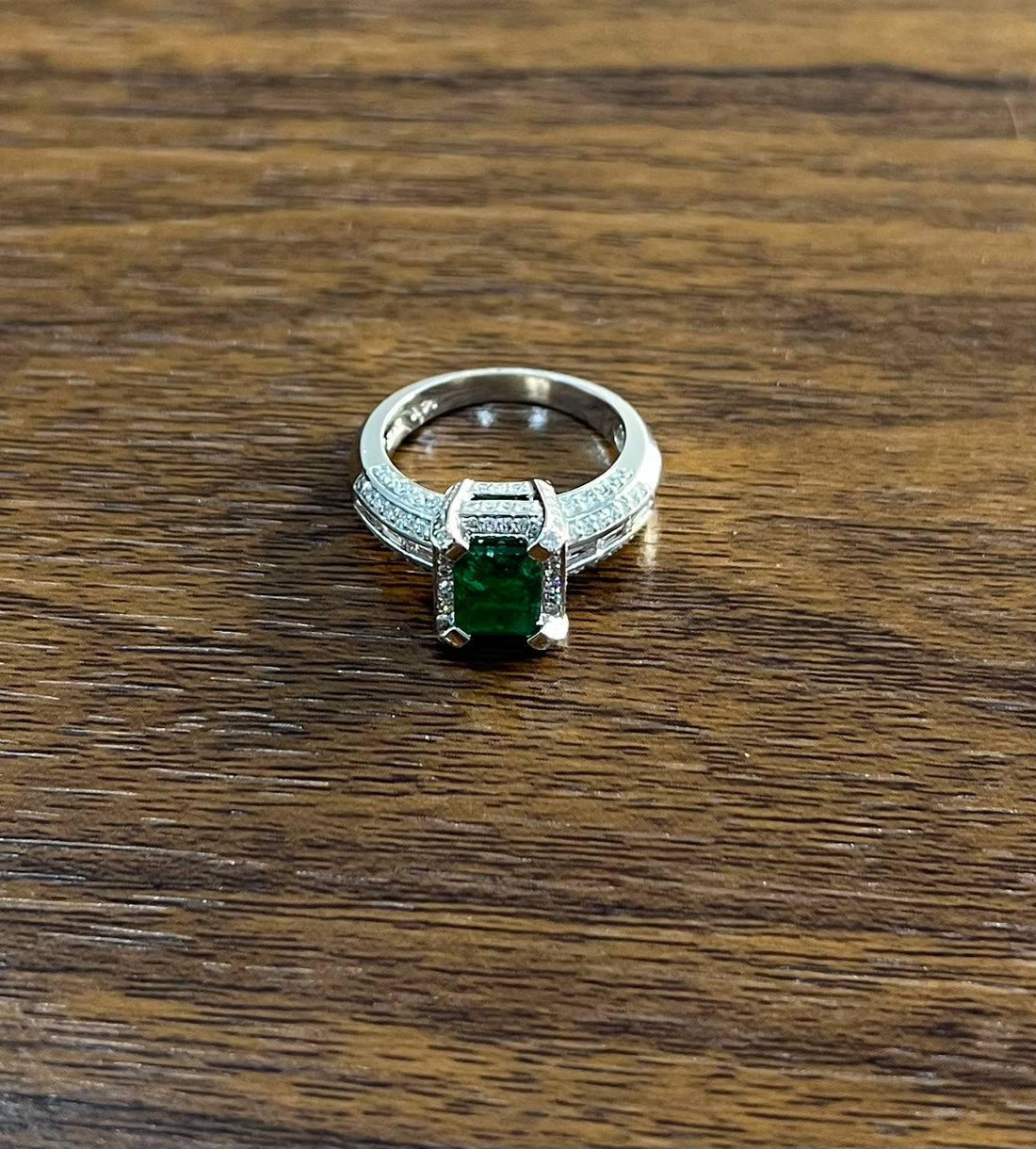 Green Emerald & White Diamonds Pave Set 14K White Gold Statement Unique Ring