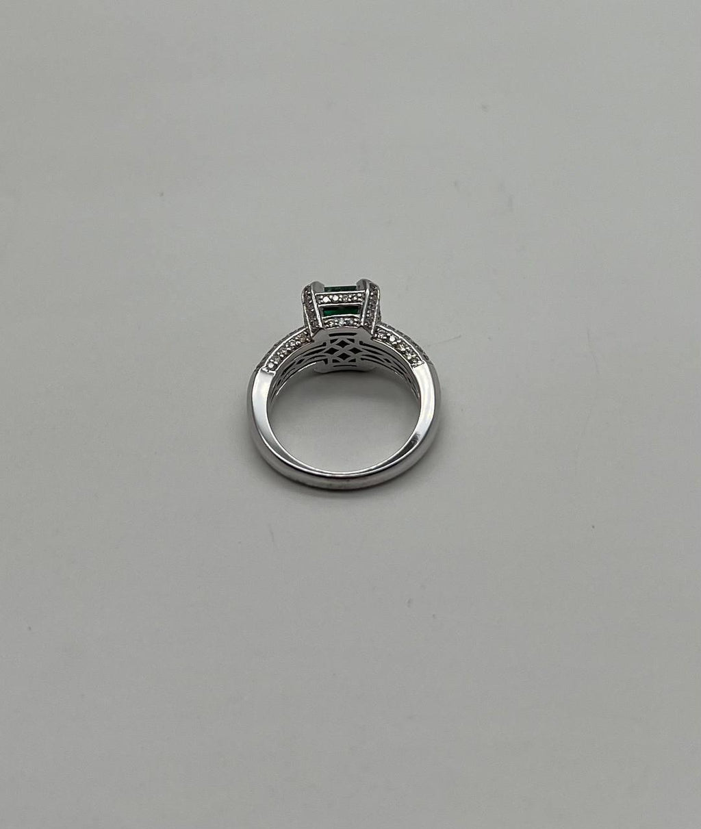 Green Emerald & White Diamonds Pave Set 14K White Gold Statement Unique Ring
