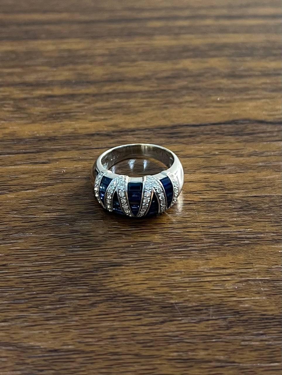 Blue Sapphire Precision Square Cut Diamonds 14K White Gold Statement Band Ring