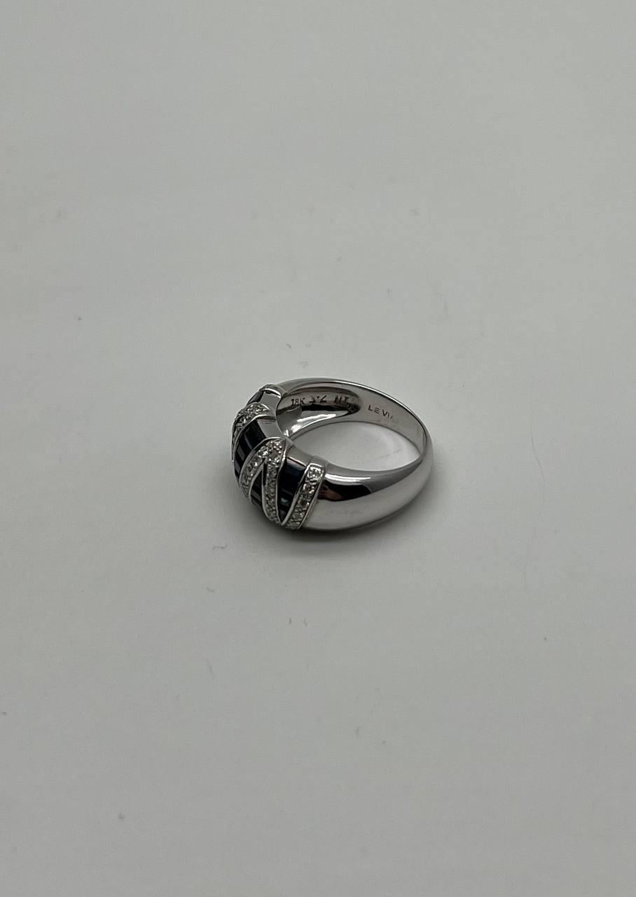 Blue Sapphire Precision Square Cut Diamonds 14K White Gold Statement Band Ring