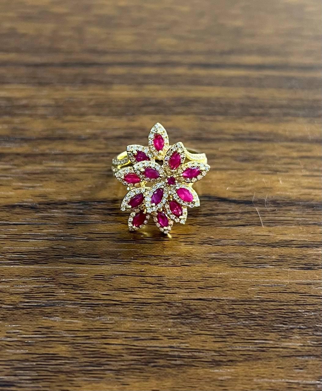 Marquise Shape Red Pink Ruby Floral Flower 14K Rose Gold Cocktail Diamonds Ring
