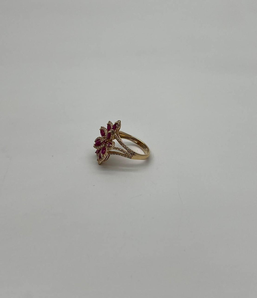 Marquise Shape Red Pink Ruby Floral Flower 14K Rose Gold Cocktail Diamonds Ring