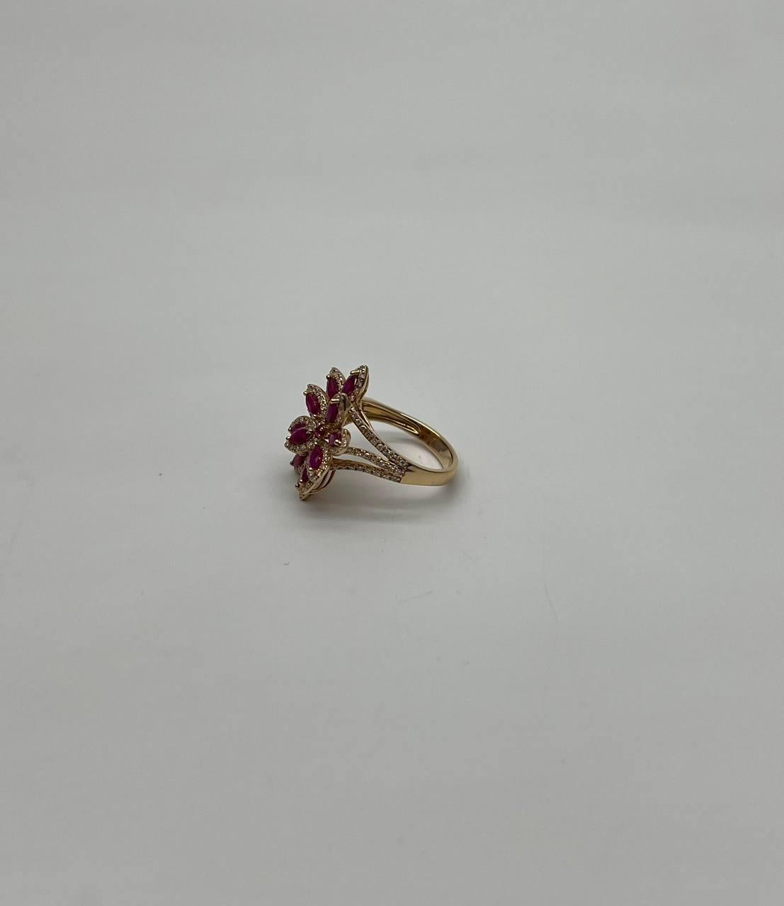 Marquise Shape Red Pink Ruby Floral Flower 14K Rose Gold Cocktail Diamonds Ring