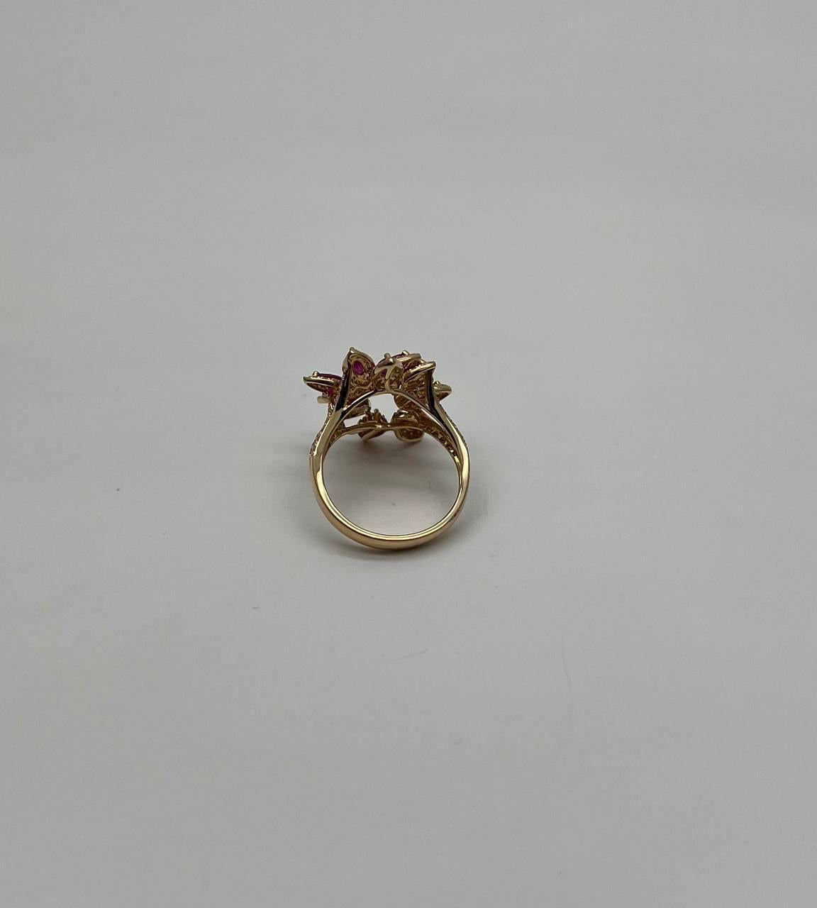 Marquise Shape Red Pink Ruby Floral Flower 14K Rose Gold Cocktail Diamonds Ring