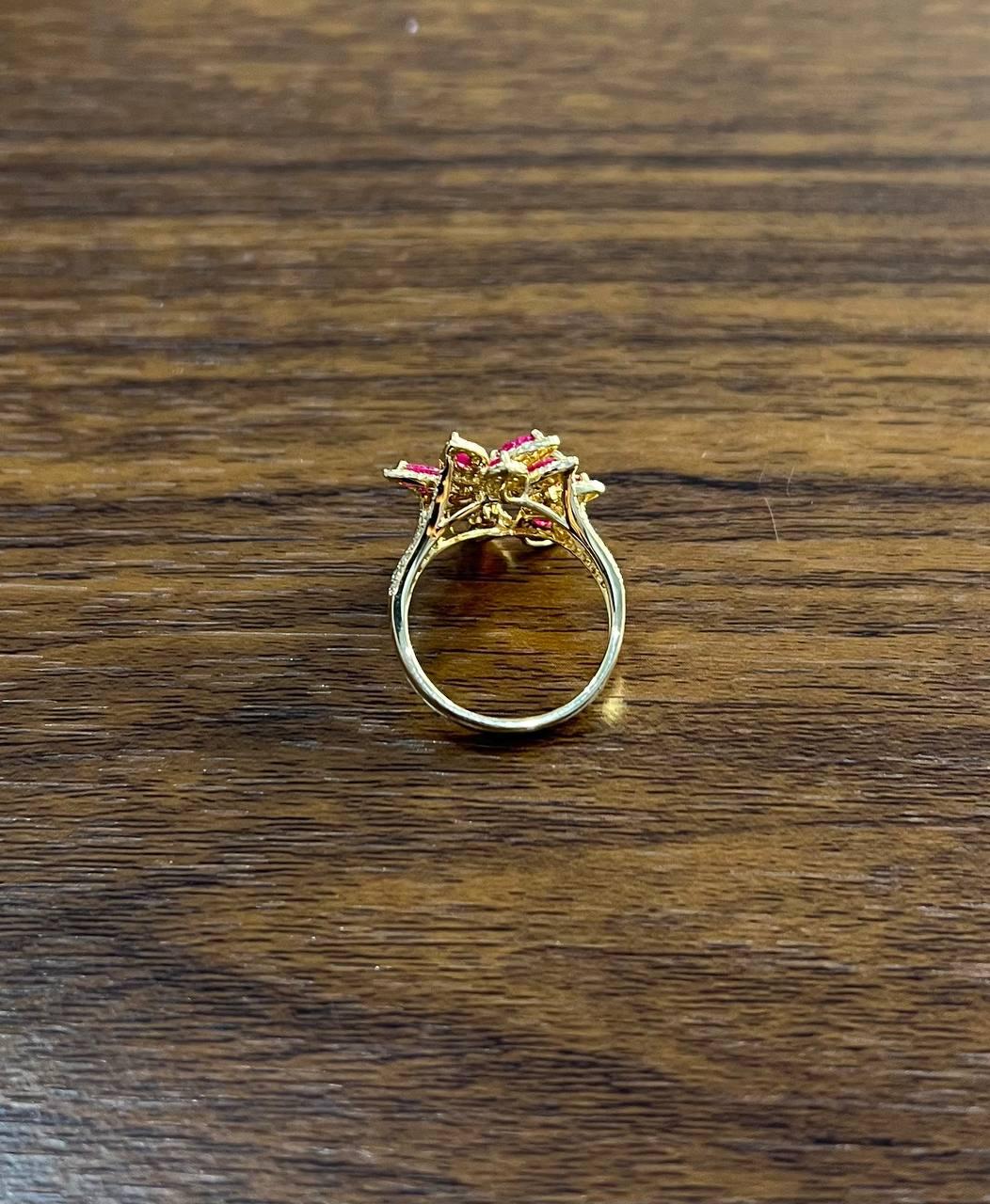 Marquise Shape Red Pink Ruby Floral Flower 14K Rose Gold Cocktail Diamonds Ring