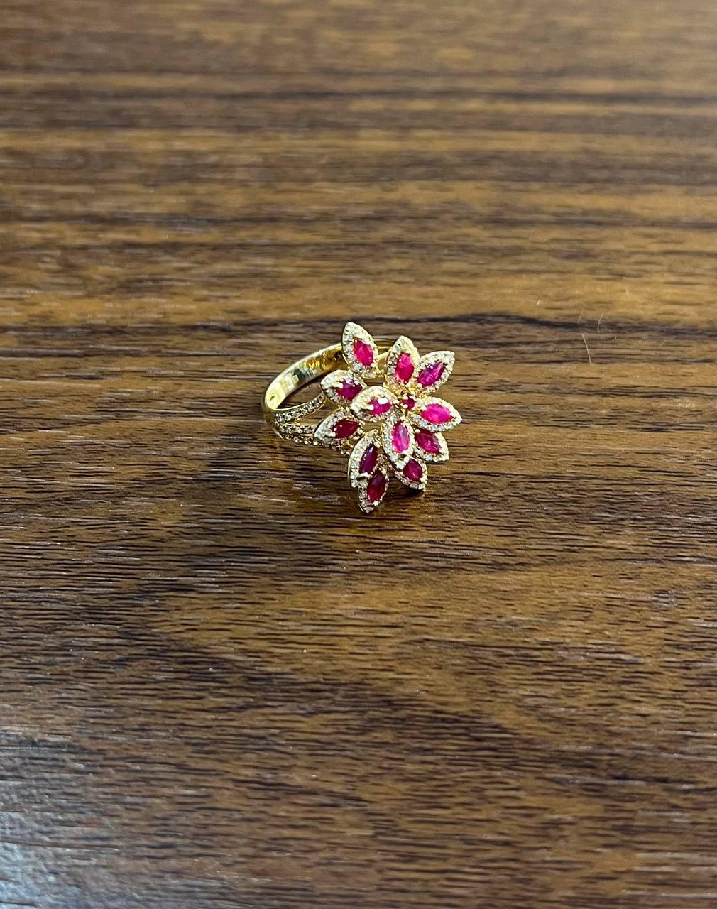Marquise Shape Red Pink Ruby Floral Flower 14K Rose Gold Cocktail Diamonds Ring