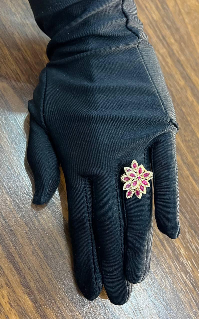 Marquise Shape Red Pink Ruby Floral Flower 14K Rose Gold Cocktail Diamonds Ring
