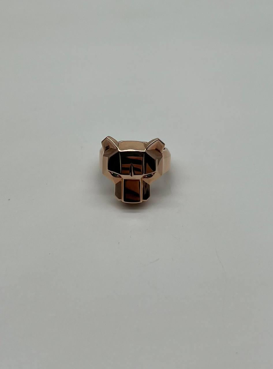Panther Cat Emeralds Diamonds Head Face Ring 14K Rose Gold Statement Ring