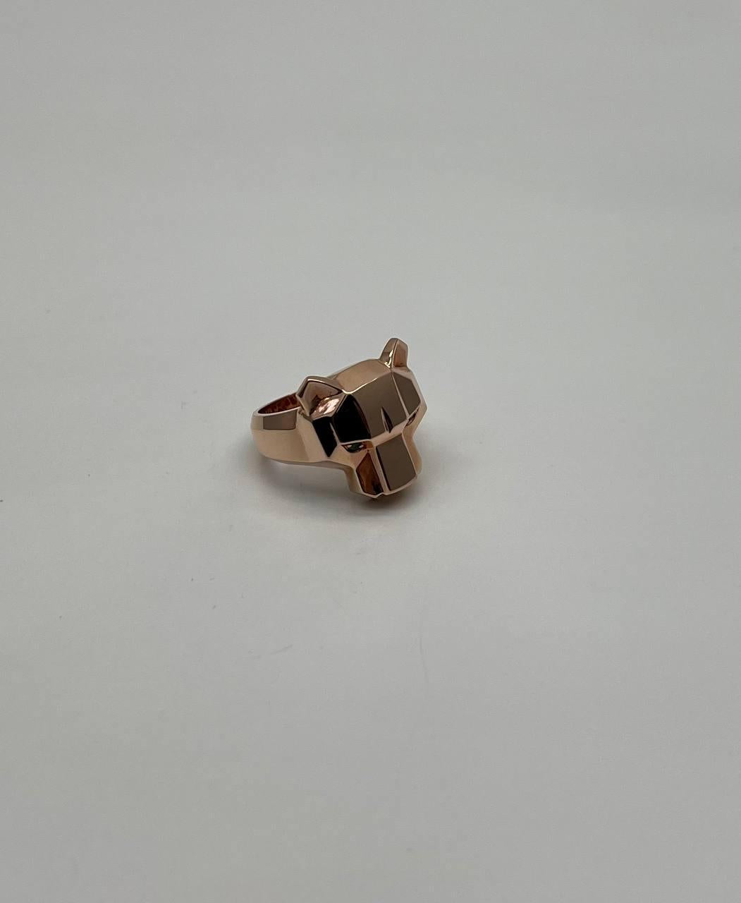Panther Cat Emeralds Diamonds Head Face Ring 14K Rose Gold Statement Ring