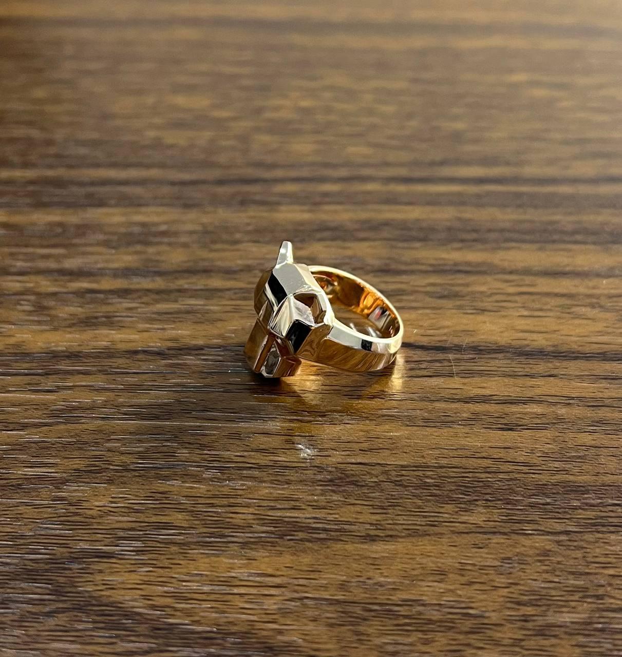 Panther Cat Emeralds Diamonds Head Face Ring 14K Rose Gold Statement Ring