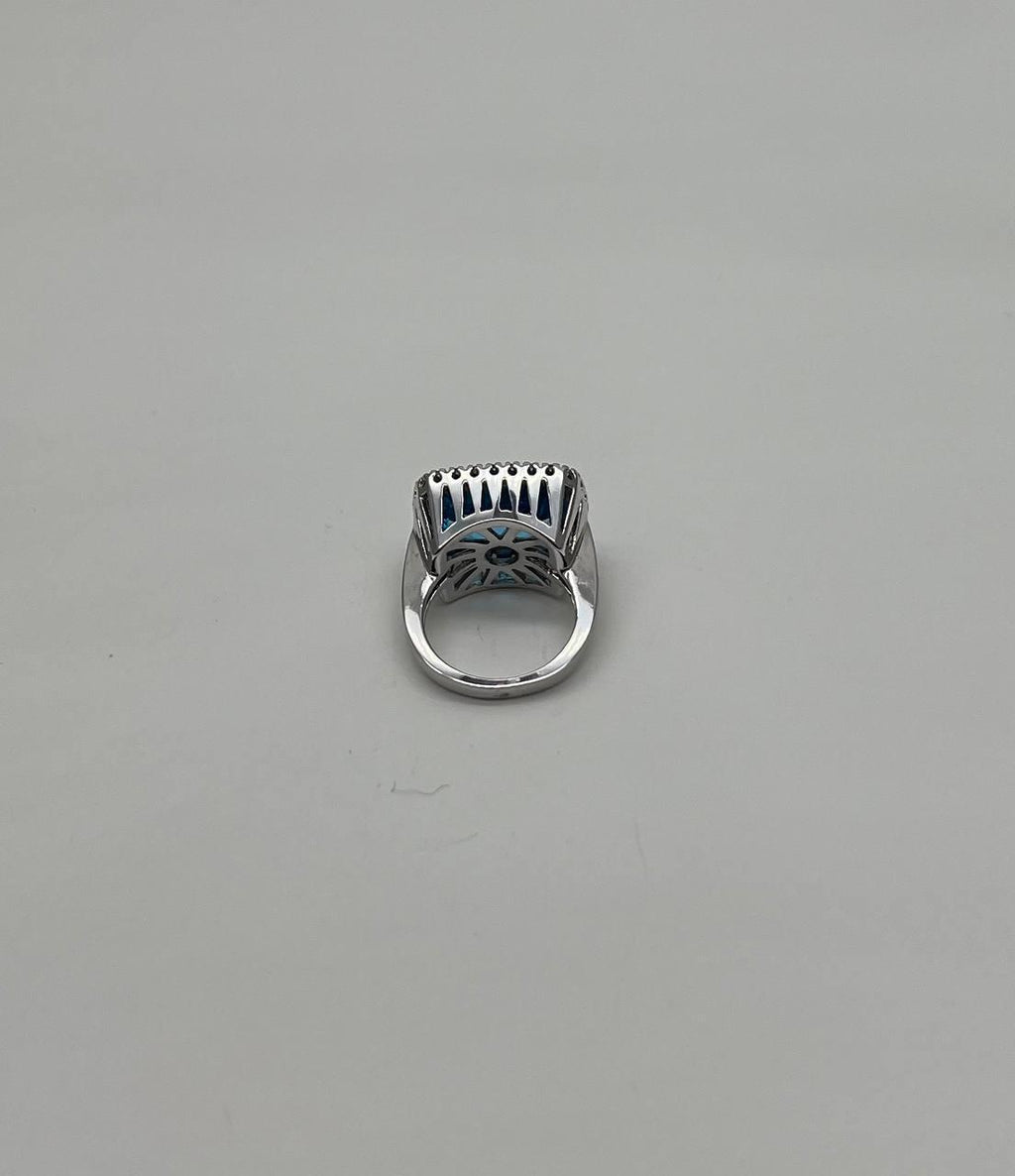 Cushion Shape Swiss Blue Topaz Diamonds Halo Jumbo 14K White Gold Cocktail Ring