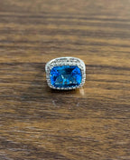 Cushion Shape Swiss Blue Topaz Diamonds Halo Jumbo 14K White Gold Cocktail Ring