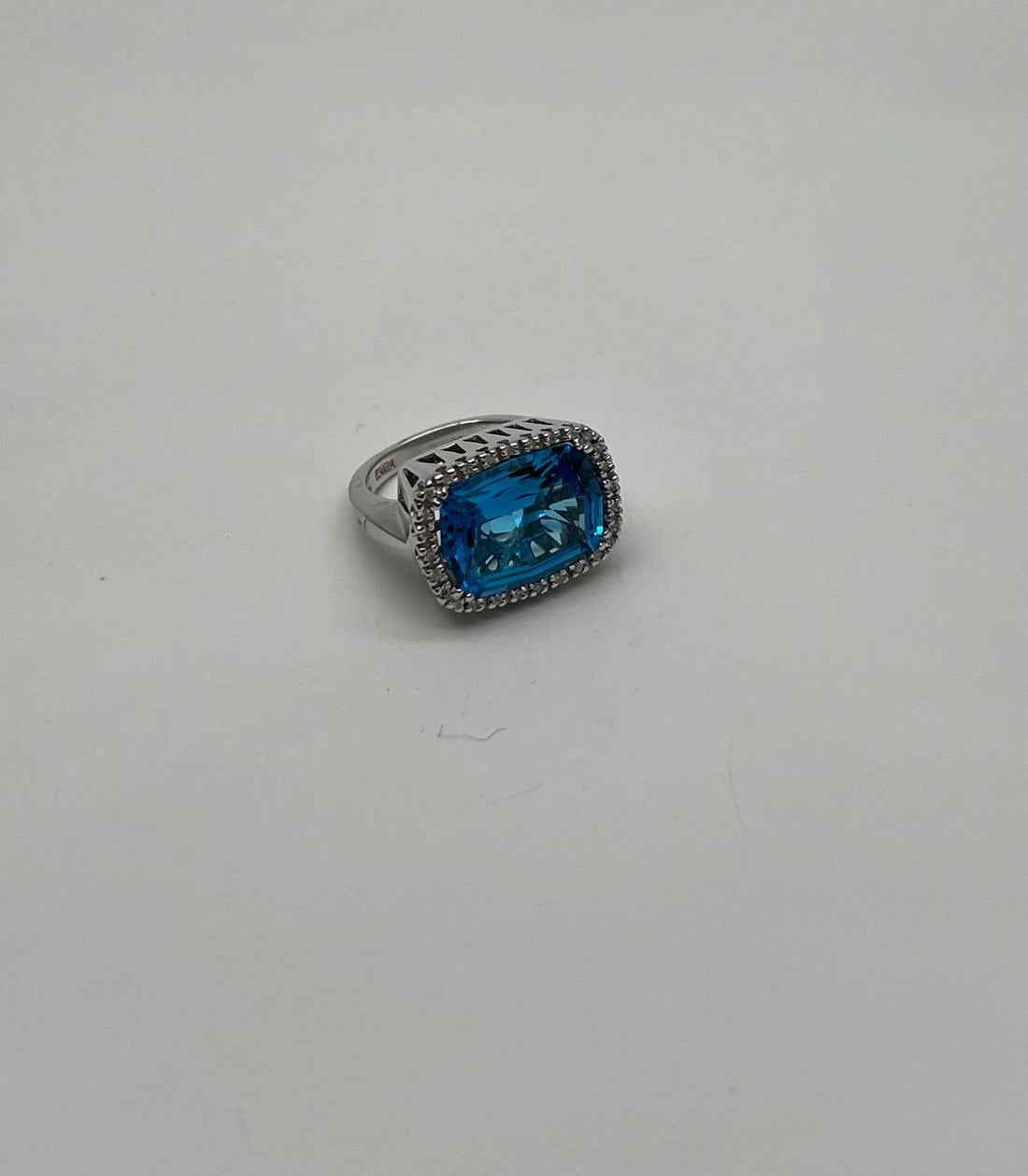 Cushion Shape Swiss Blue Topaz Diamonds Halo Jumbo 14K White Gold Cocktail Ring