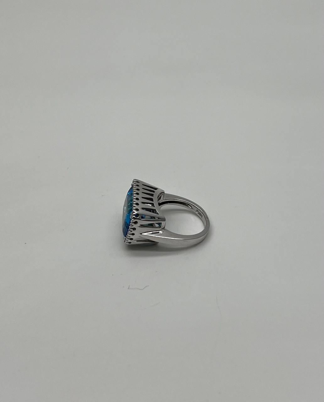 Cushion Shape Swiss Blue Topaz Diamonds Halo Jumbo 14K White Gold Cocktail Ring
