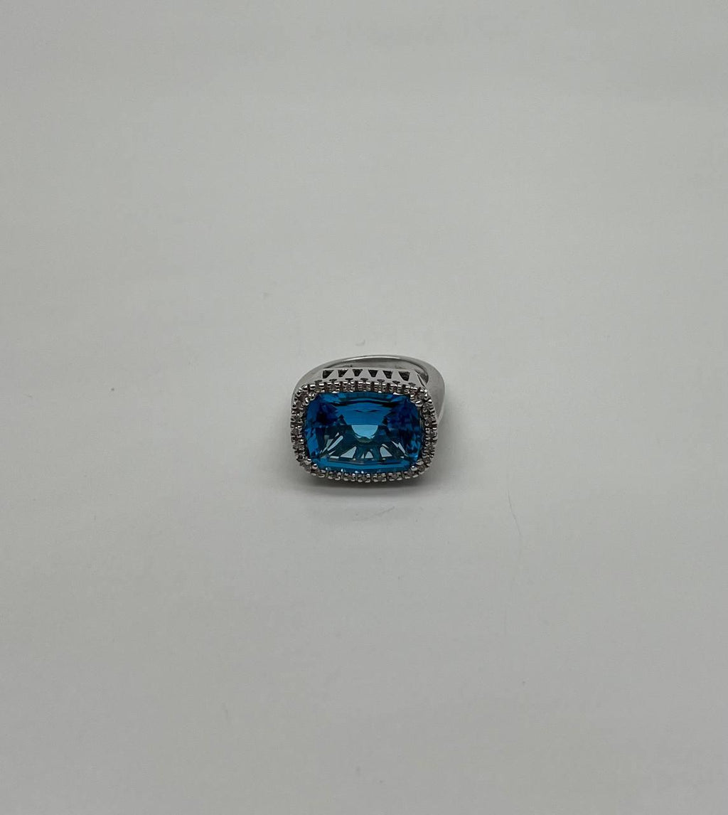 Cushion Shape Swiss Blue Topaz Diamonds Halo Jumbo 14K White Gold Cocktail Ring