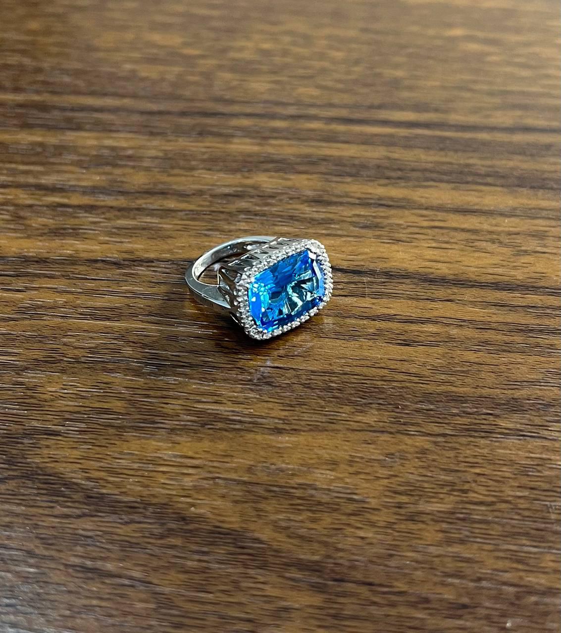 Cushion Shape Swiss Blue Topaz Diamonds Halo Jumbo 14K White Gold Cocktail Ring