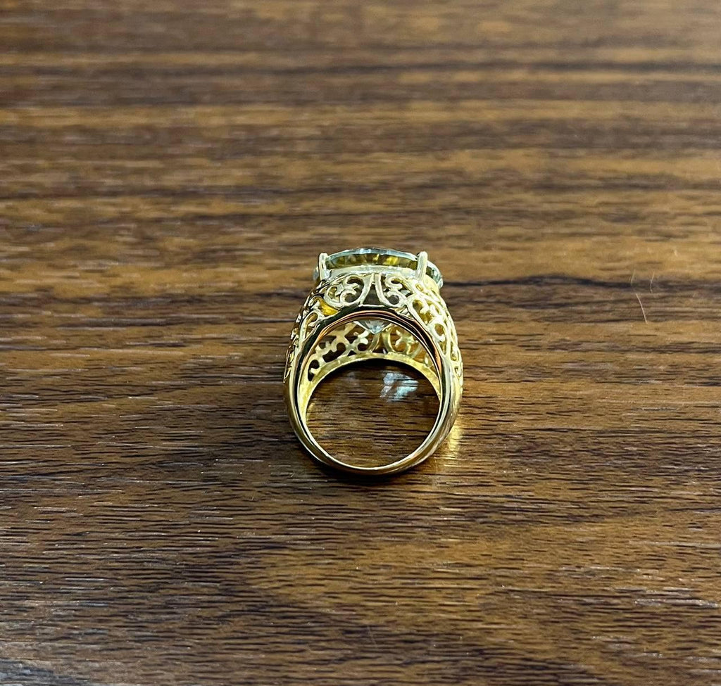 Large Jumbo Green Amethyst Prasiolite Scroll Cage Motif 14K Yellow Gold Ring