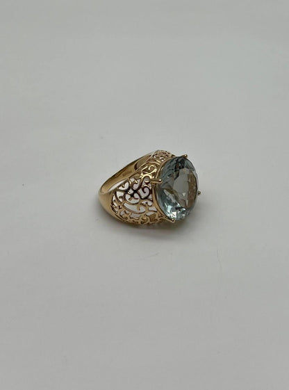 Large Jumbo Green Amethyst Prasiolite Scroll Cage Motif 14K Yellow Gold Ring