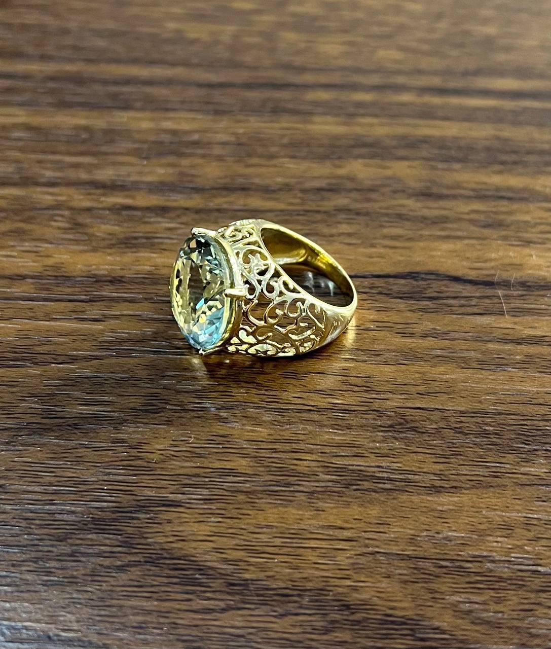Large Jumbo Green Amethyst Prasiolite Scroll Cage Motif 14K Yellow Gold Ring