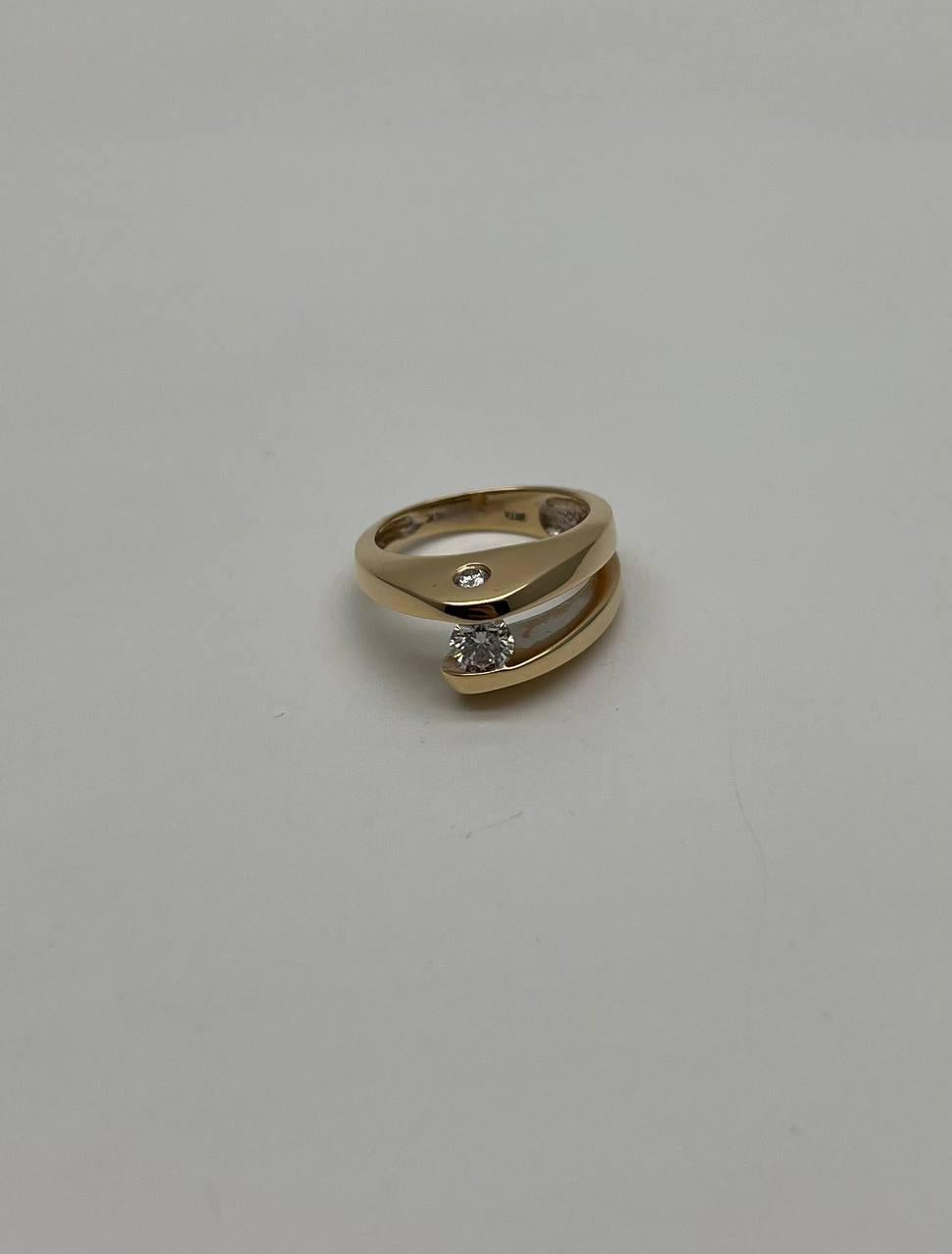 Unique Round Diamond Tension Set Flush Set Bypass 14K Yellow Gold Statement Ring