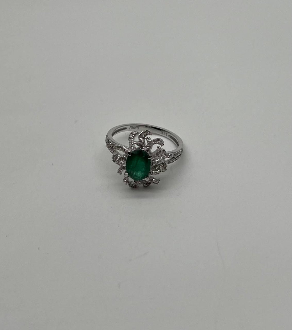 Oval Shape Green Emerald Diamond Pave Halo Set 14K White Gold Statement Ring