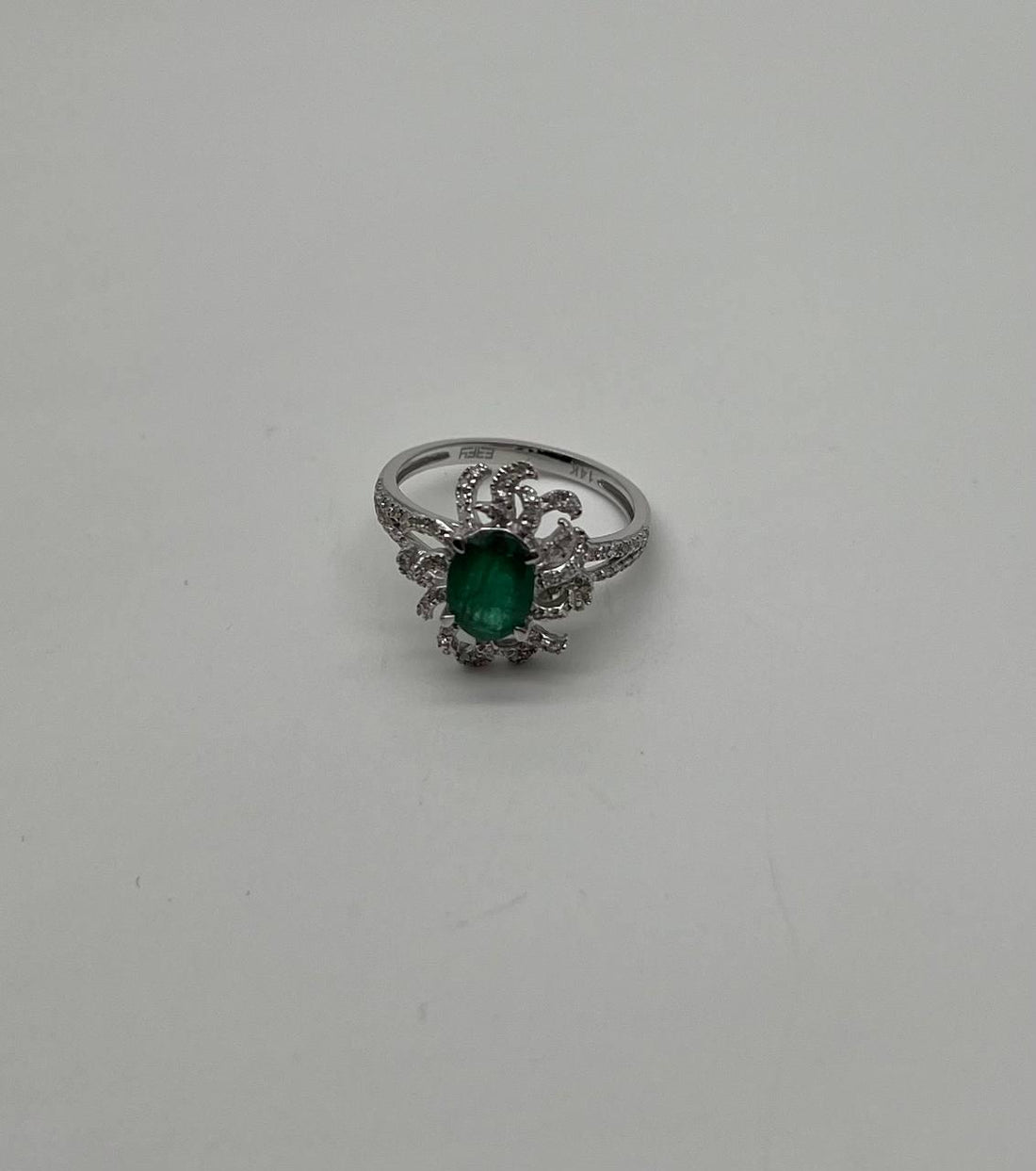 Oval Shape Green Emerald Diamond Pave Halo Set 14K White Gold Statement Ring