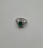 Oval Shape Green Emerald Diamond Pave Halo Set 14K White Gold Statement Ring