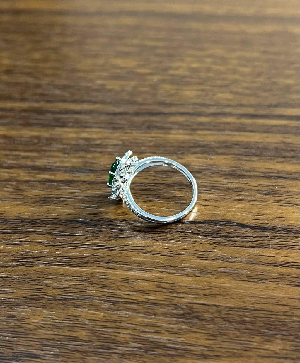 Oval Shape Green Emerald Diamond Pave Halo Set 14K White Gold Statement Ring