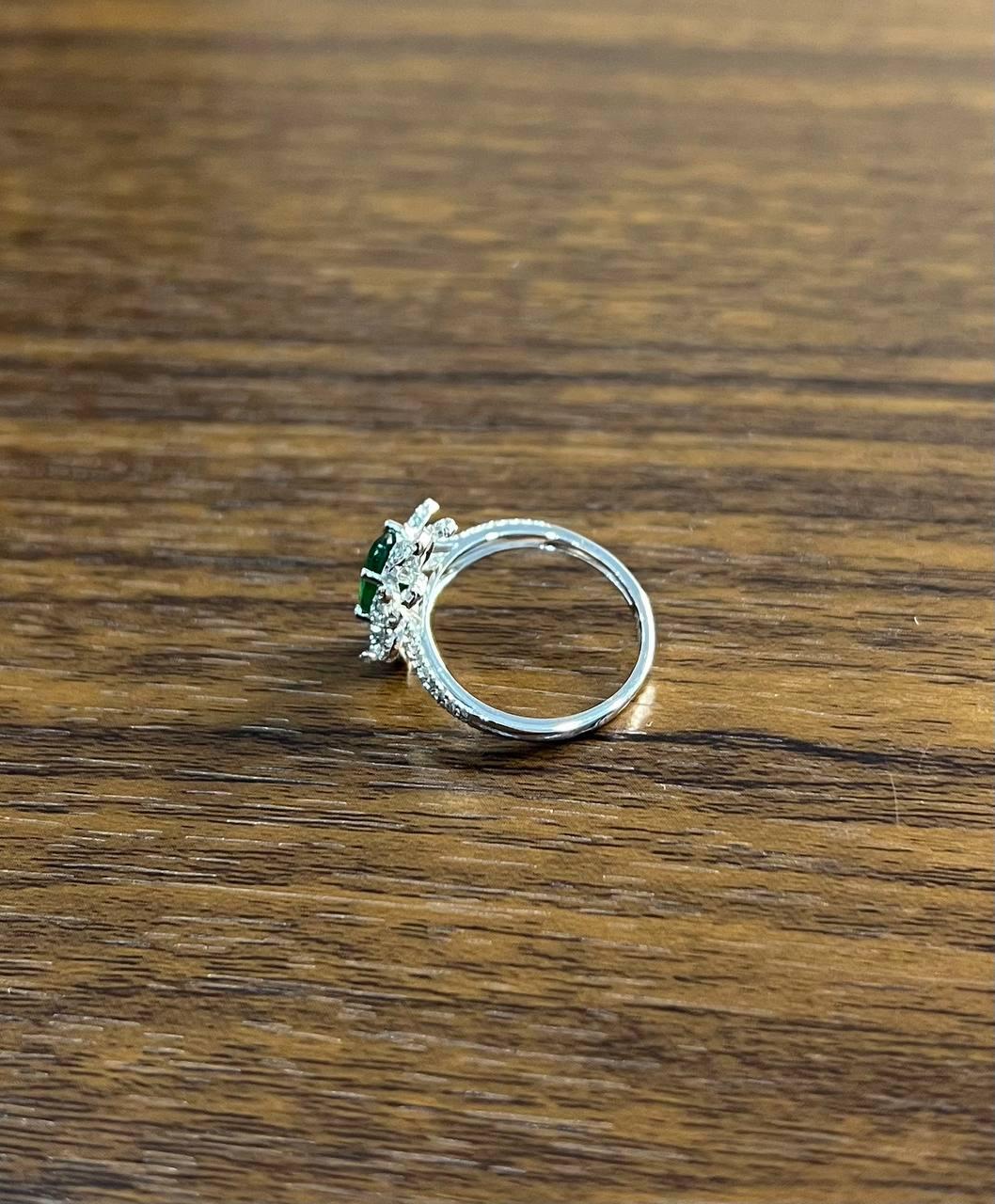 Oval Shape Green Emerald Diamond Pave Halo Set 14K White Gold Statement Ring