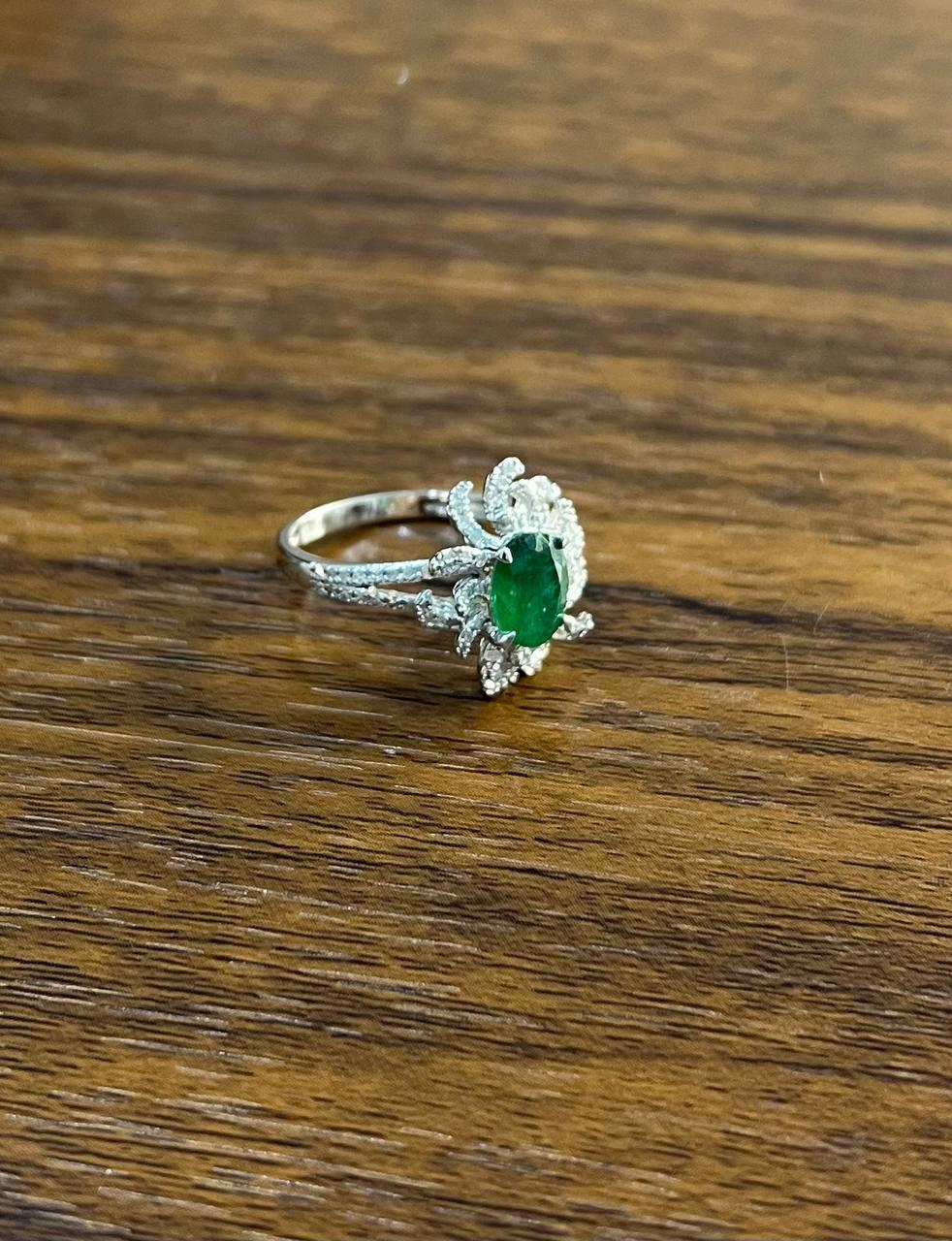 Oval Shape Green Emerald Diamond Pave Halo Set 14K White Gold Statement Ring