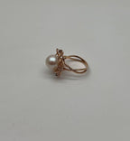 Round White Pearl Saturn Floral Flower Motif 14K Yellow Gold Statement Ring