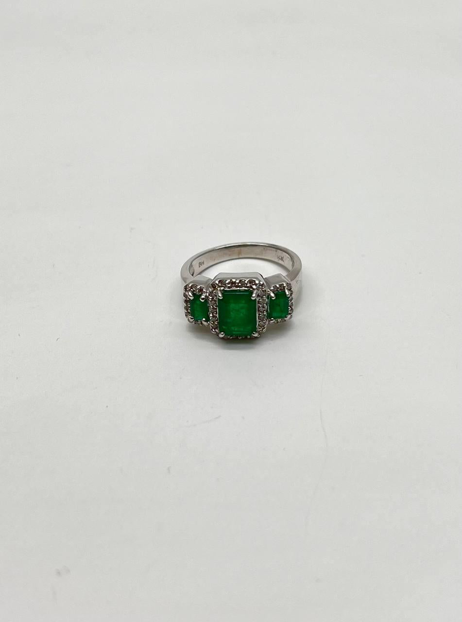 Three Stone Green Emerald &amp; Diamond Halo 14K White Gold Classic Statement Ring