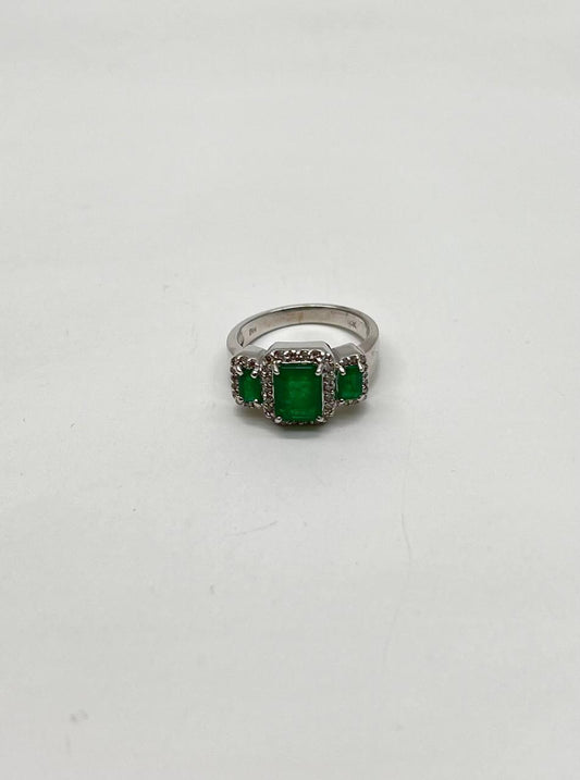 Three Stone Green Emerald & Diamond Halo 14K White Gold Classic Statement Ring