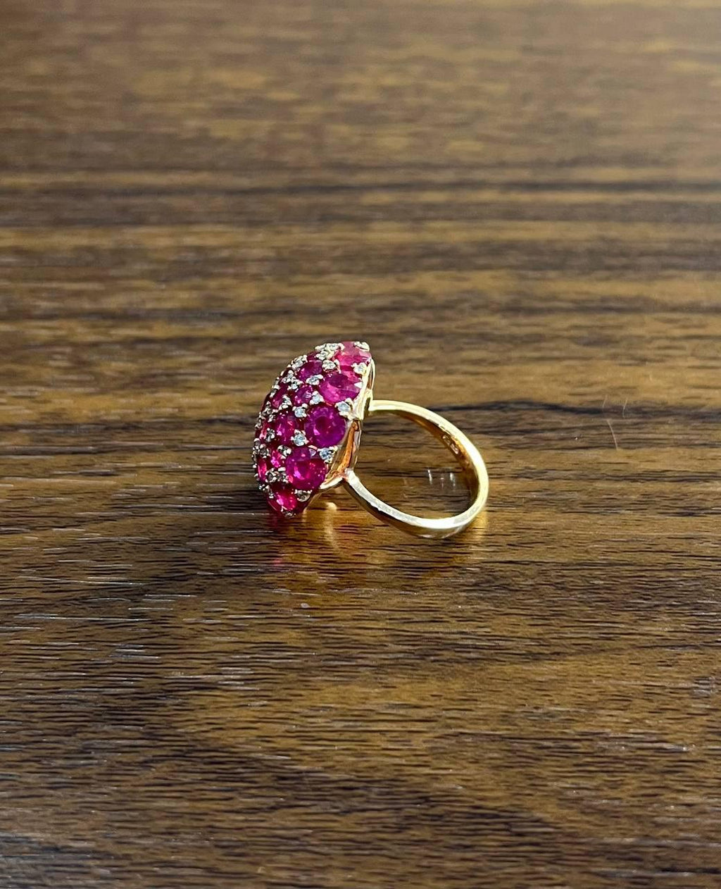 Pink Red Ruby Cabochon Cluster Diamond Pave Rose Gold Statement Cocktail Ring
