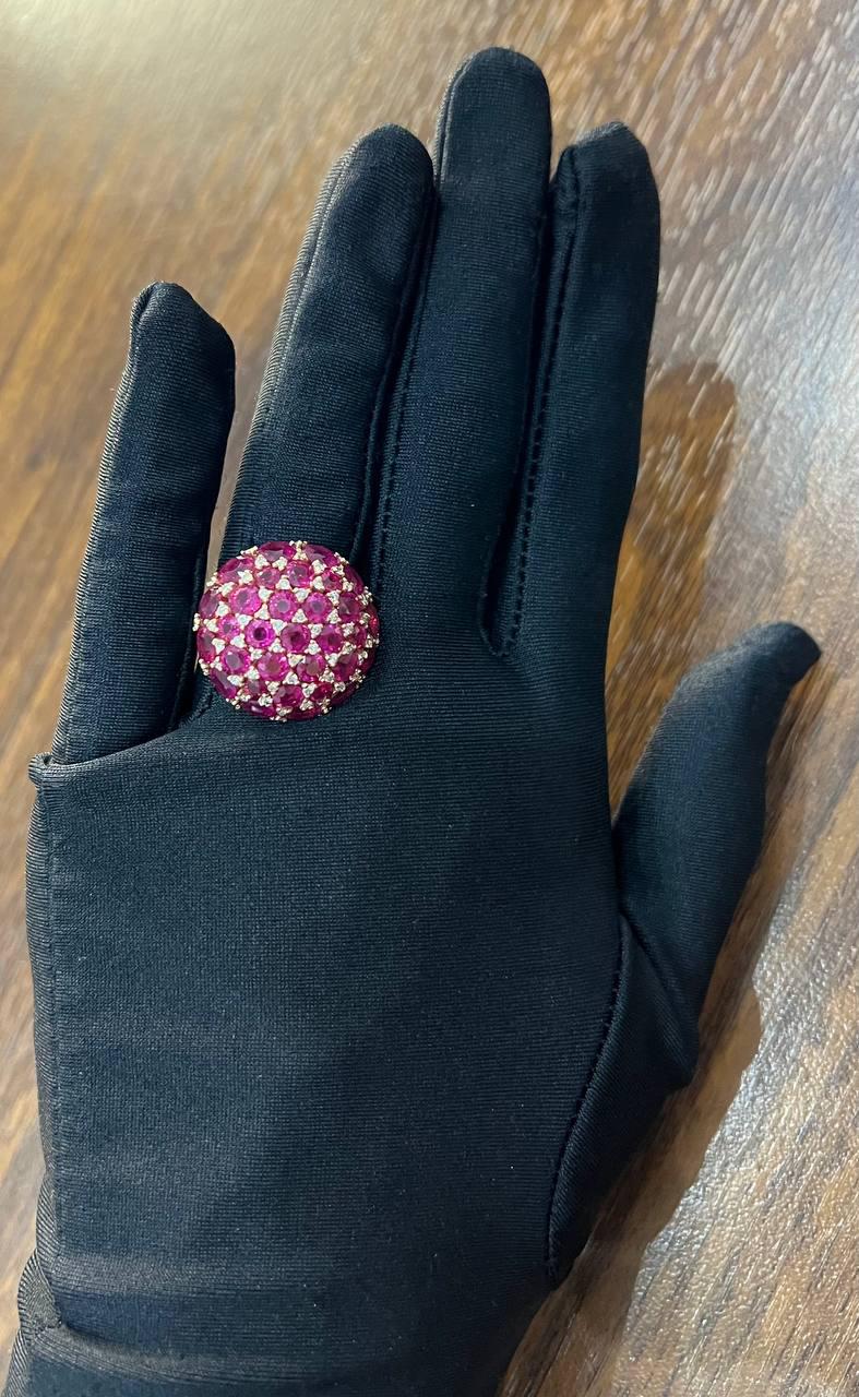 Pink Red Ruby Cabochon Cluster Diamond Pave Rose Gold Statement Cocktail Ring