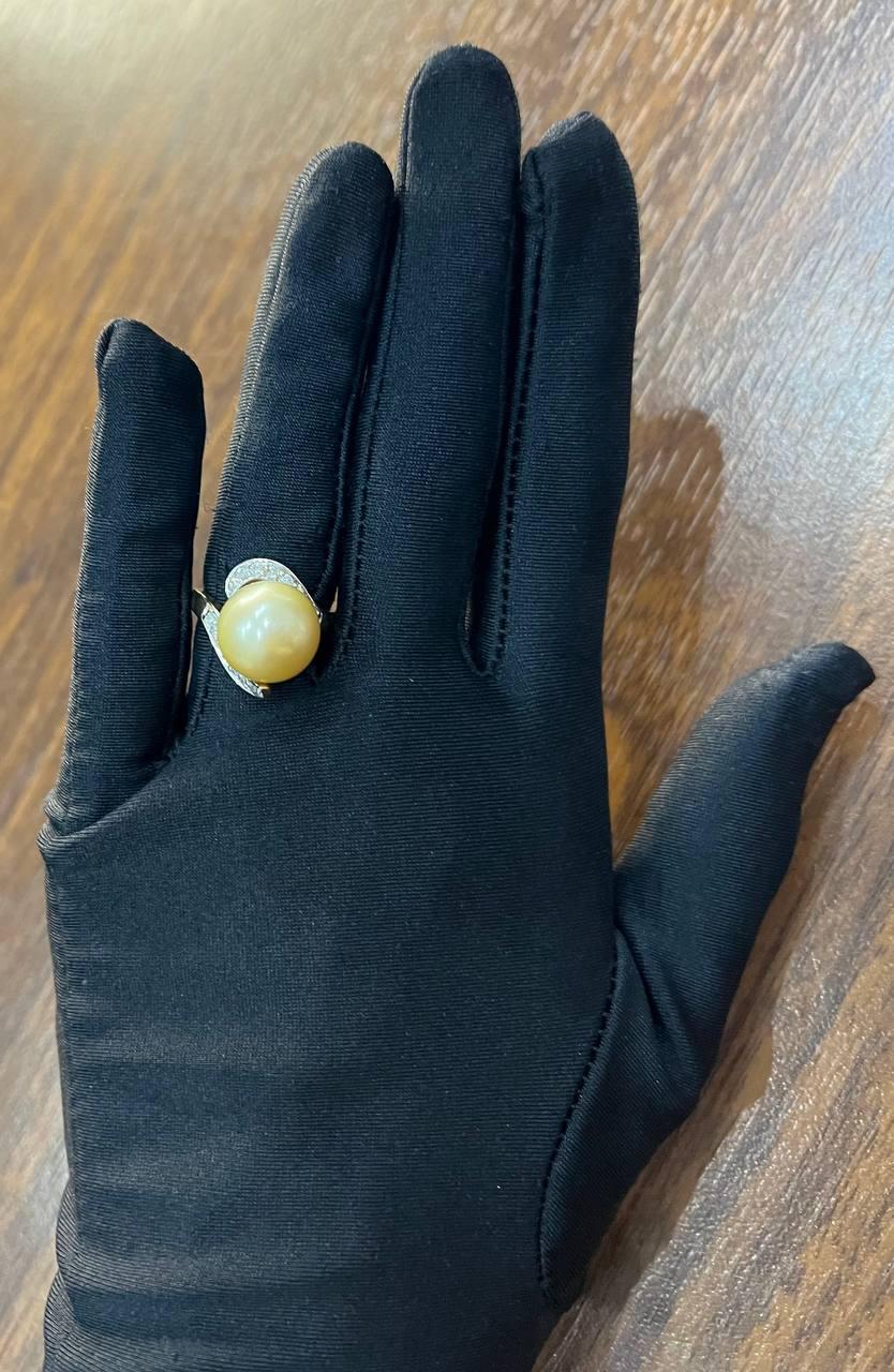 Golden Yellow South Sea Pearl Diamond Spiral Curve14K Yellow Gold Statement Ring