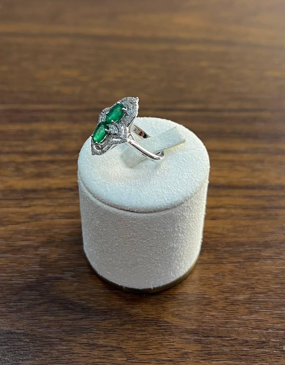 Two Stone Oval Shape Green Emerald Diamond Pave Halo Shield 14K White Gold Ring